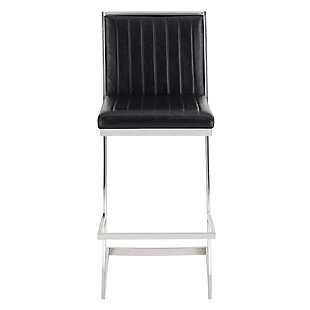 Sleek and stylish, the Carson adjustable-height bar stool is a standout in any room. Its durable frame with black powdercoat finish is accented by a gray faux leather seat with horizontal accents for a contemporary look. The armless bar stool features a 360-degree swivel and adjustable height for a full range of maneuverability.Metal frame with black powdercoat finish | Seat with gray faux leather upholstery | 360-degree swivel allows full mobility | Footrest offers additional leg support | Adjusts from counter height to bar height | Assembly required