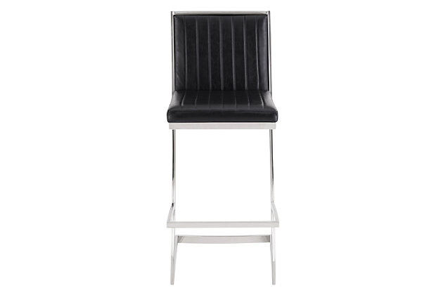 Sleek and stylish, the Carson adjustable-height bar stool is a standout in any room. Its durable frame with black powdercoat finish is accented by a gray faux leather seat with horizontal accents for a contemporary look. The armless bar stool features a 360-degree swivel and adjustable height for a full range of maneuverability.Metal frame with black powdercoat finish | Seat with gray faux leather upholstery | 360-degree swivel allows full mobility | Footrest offers additional leg support | Adjusts from counter height to bar height | Assembly required