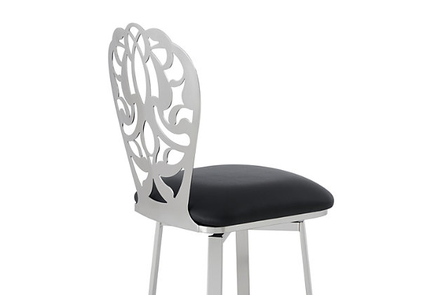 With an ornately designed back and black faux leather seat, the Cherie counter height bar stool adds a touch of elegance to any room. This plush swivel stool looks beautiful at the kitchen counter or any sitting area. A brushed stainless steel finish adds to the appearance and offers durability, while the footrest provides leg support and enhances the overall design.Metal frame with stainless steel finish | Padded seat with black faux leather upholstery | 360-degree swivel allows full mobility | Footrest offers additional leg support | Counter height | Assembly required