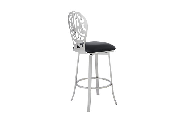 With an ornately designed back and black faux leather seat, the Cherie counter height bar stool adds a touch of elegance to any room. This plush swivel stool looks beautiful at the kitchen counter or any sitting area. A brushed stainless steel finish adds to the appearance and offers durability, while the footrest provides leg support and enhances the overall design.Metal frame with stainless steel finish | Padded seat with black faux leather upholstery | 360-degree swivel allows full mobility | Footrest offers additional leg support | Counter height | Assembly required