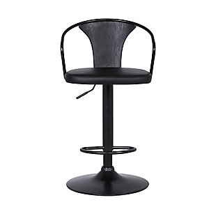 The Eagle is an adjustable swivel bar stool with a minimalist design that goes easily with almost any room motif. Featuring sloping arms and a medium back, its metal frame has a black powdercoat finish complemented by a black brushed wood seat back and a black faux leather seat with foam padding for comfort and style. The versatile bar stool has 360-degree swivel functionality and a footrest for added leg support. The Eagle adjusts from counter height to bar height.Metal frame with black powdercoat finish | Wood seat back with brushed black finish | Black faux leather seat with foam padding | 360-degree swivel allows full mobility | Footrest offers additional leg support | Adjusts from 26" counter height to 30" bar height | Assembly required