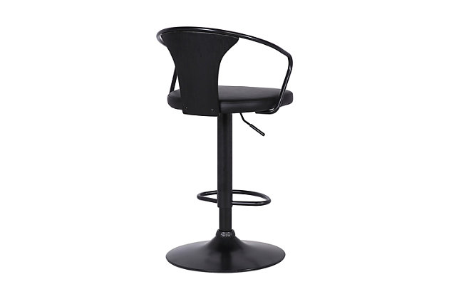 The Eagle is an adjustable swivel bar stool with a minimalist design that goes easily with almost any room motif. Featuring sloping arms and a medium back, its metal frame has a black powdercoat finish complemented by a black brushed wood seat back and a black faux leather seat with foam padding for comfort and style. The versatile bar stool has 360-degree swivel functionality and a footrest for added leg support. The Eagle adjusts from counter height to bar height.Metal frame with black powdercoat finish | Wood seat back with brushed black finish | Black faux leather seat with foam padding | 360-degree swivel allows full mobility | Footrest offers additional leg support | Adjusts from 26" counter height to 30" bar height | Assembly required