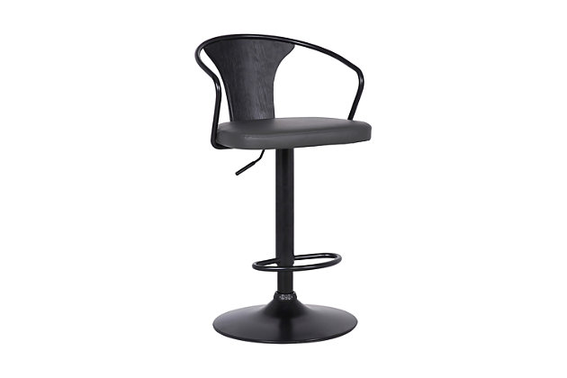 The Eagle is an adjustable swivel bar stool with a minimalist design that goes easily with almost any room motif. Featuring sloping arms and medium back, the metal frame has a black powdercoat finish complemented by a black brushed wood seat back and a gray faux leather seat with foam padding for comfort and style. The versatile bar stool has 360-degree swivel functionality and a footrest for added leg support. The Eagle adjusts from counter height to bar height.Metal frame with black powdercoat finish | Wood seat back with brushed black finish | Gray faux leather seat with foam padding | 360-degree swivel allows full mobility | Footrest offers additional leg support | Adjusts from 26" counter height to 30" bar height | Assembly required