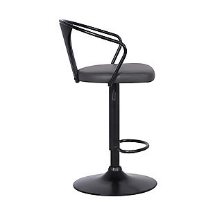 The Eagle is an adjustable swivel bar stool with a minimalist design that goes easily with almost any room motif. Featuring sloping arms and medium back, the metal frame has a black powdercoat finish complemented by a black brushed wood seat back and a gray faux leather seat with foam padding for comfort and style. The versatile bar stool has 360-degree swivel functionality and a footrest for added leg support. The Eagle adjusts from counter height to bar height.Metal frame with black powdercoat finish | Wood seat back with brushed black finish | Gray faux leather seat with foam padding | 360-degree swivel allows full mobility | Footrest offers additional leg support | Adjusts from 26" counter height to 30" bar height | Assembly required