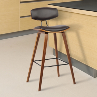 Fox 26" Mid-Century Counter Height Barstool in Brown Faux Leather with Walnut Wood, Brown, large