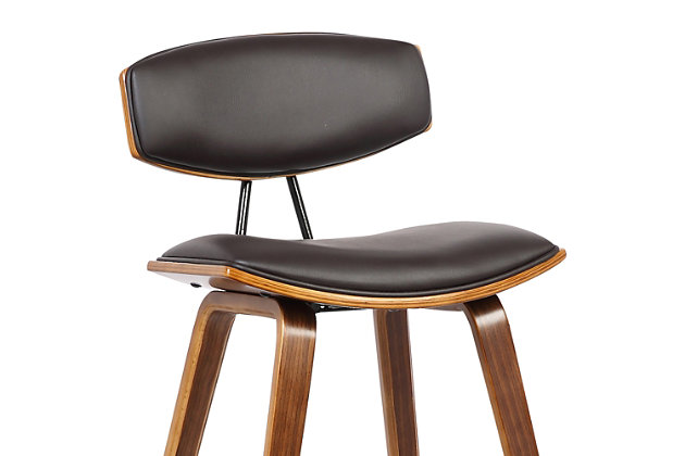 Sophisticated and versatile, the Fox counter height bar stool has a look that turns heads, and a mid-century design that is right at home in most any room decor. It features a walnut-tone frame and legs, plus a brown faux leather seat with high-density foam padding for comfort. The bar stool includes a metal footrest that provides added leg support and enhances the overall look.Engineered wood frame and legs in walnut finish | Brown faux leather seat with foam padding | Medium-high cushioned back for support | Metal footrest offers leg support | Counter height | Assembly required