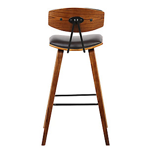 Sophisticated and versatile, the Fox counter height bar stool has a look that turns heads, and a mid-century design that is right at home in most any room decor. It features a walnut-tone frame and legs, plus a brown faux leather seat with high-density foam padding for comfort. The bar stool includes a metal footrest that provides added leg support and enhances the overall look.Engineered wood frame and legs in walnut finish | Brown faux leather seat with foam padding | Medium-high cushioned back for support | Metal footrest offers leg support | Counter height | Assembly required