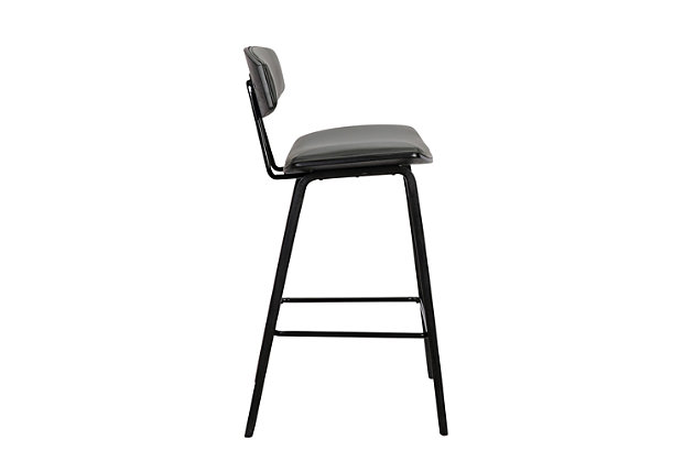 Sophisticated and versatile, the Fox counter height bar stool has a look that turns heads, and a mid-century design that is right at home in most any room decor. Its frame and legs feature a black brushed wood finish, while the gray faux leather seat is padded with high-density foam for comfort. The stool includes a metal footrest that provides added leg support and enhances the overall look.Engineered wood frame and legs in brushed black finish | Gray faux leather seat with foam padding | Medium-high cushioned back for support | Metal footrest offers leg support | Counter height | Assembly required