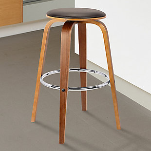 Harbor 26" Mid-Century Swivel Counter Height Backless Barstool in Brown Faux Leather with Walnut Veneer, Brown, rollover