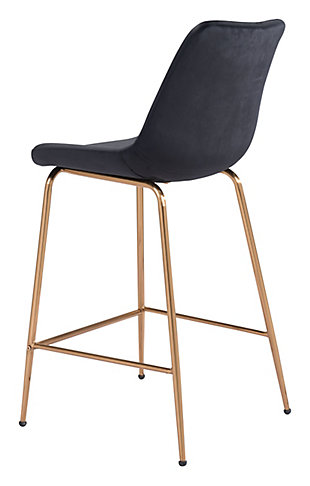 This counter height bar stool mixes glam and maximalist design to enhance any space, from modern to boho chic. With a firm seat and back upholstered in smooth velvet fabric, and a solid steel frame with goldtone finish, this piece takes form and function to another level. Perfectly suited for any kitchen or bar area in your living space.Made of engineered wood, polyester and steel | Black velvet upholstery | Legs with electroplated goldtone finish | Counter height | Weight capacity 325 pounds | Assembly required