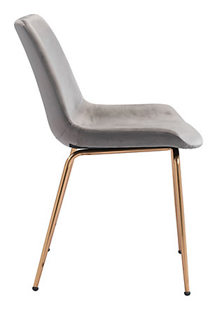 This dining chair mixes glam and maximalist design to enhance any space, from modern to boho chic. With a firm seat and back upholstered in smooth velvet fabric, and a solid steel frame with goldtone finish, this piece takes form and function to another level. Perfectly suited for any dining room, home office or bedroom.Set of 2 | Made of engineered wood, polyester and steel | Gray velvet upholstery | Legs with electroplated goldtone finish | Weight capacity 325 pounds | Assembly required