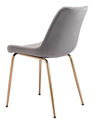 This dining chair mixes glam and maximalist design to enhance any space, from modern to boho chic. With a firm seat and back upholstered in smooth velvet fabric, and a solid steel frame with goldtone finish, this piece takes form and function to another level. Perfectly suited for any dining room, home office or bedroom.Set of 2 | Made of engineered wood, polyester and steel | Gray velvet upholstery | Legs with electroplated goldtone finish | Weight capacity 325 pounds | Assembly required