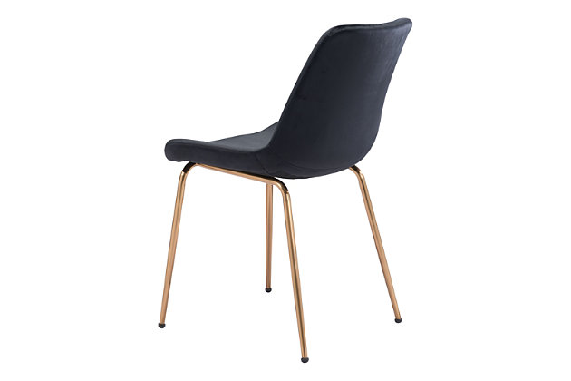 This dining chair mixes glam and maximalist design to enhance any space, from modern to boho chic. With a firm seat and back upholstered in smooth velvet fabric, and a solid steel frame with goldtone finish, this piece takes form and function to another level. Perfectly suited for any dining room, home office or bedroom.Set of 2 | Made of engineered wood, polyester and steel | Black velvet upholstery | Legs with electroplated goldtone finish | Weight capacity 325 pounds | Assembly required