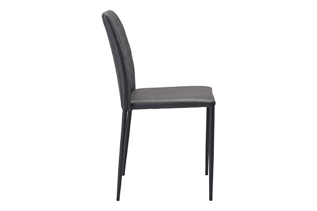 Designed to work brilliantly everywhere from urban lofts to suburban abodes, this dining chair with diamond-patterned back adds instant style into your space. Simple and elegant, the durable faux leather upholstery and sturdy steel powdercoat frame provide low maintenance for high-performance living.Set of 2 | Made of engineered wood, steel and faux leather | Black upholstery | Weight capacity 325 pounds | Powdercoat frame with black finish | Assembly required