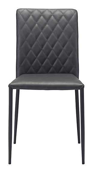 Designed to work brilliantly everywhere from urban lofts to suburban abodes, this dining chair with diamond-patterned back adds instant style into your space. Simple and elegant, the durable faux leather upholstery and sturdy steel powdercoat frame provide low maintenance for high-performance living.Set of 2 | Made of engineered wood, steel and faux leather | Black upholstery | Weight capacity 325 pounds | Powdercoat frame with black finish | Assembly required