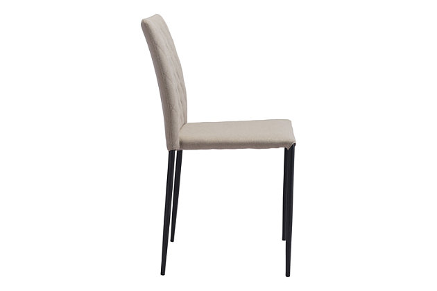 Designed to work brilliantly everywhere from urban lofts to suburban abodes, this dining chair with diamond-patterned back adds instant style into your space. Simple and elegant, the smooth fabric upholstery and sturdy steel powdercoat frame provide low maintenance for high-performance living.Set of 2 | Made of engineered wood, steel and polyester | Beige upholstery | Weight capacity 325 pounds | Powdercoat frame with black finish | Assembly required