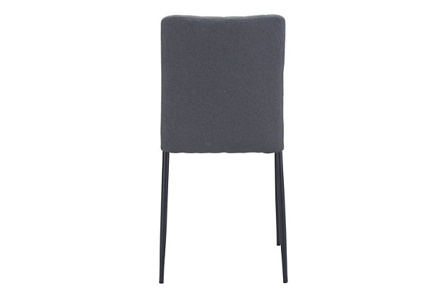 Designed to work brilliantly everywhere from urban lofts to suburban abodes, this dining chair with diamond-patterned back adds instant style into your space. Simple and elegant, the smooth fabric and sturdy steel powdercoat frame provide low maintenance for high-performance living.Set of 2 | Made of engineered wood, steel and polyester | Gray upholstery | Weight capacity 325 pounds | Powdercoat frame with black finish | Assembly required