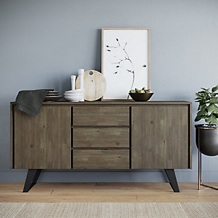 Elevate modern dining with the clean lines of this industrial-style sideboard buffet, handcrafted from solid wood and metal. The refined design provides generous storage behind drawers and doors with hidden hand pulls, creating a streamlined look that showcases the distressed gray finish. Angled metal legs provide a mixed-material accent.Made of acacia wood and metal | Handcrafted | Hand-finished in distressed gray | Sturdy metal angled legs | 3 smooth-gliding drawers | Discreet hand pulls | 2 doors with 2 adjustable shelves | Assembly required