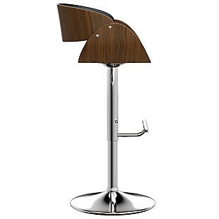 Provide contemporary style and convenient functionality to your kitchen or bar area with this adjustable bar stool. Its curved, cushioned seat and back provide optimal comfort, while a chrome-tone base gives it a retro urban edge. This bar stool also offers 360-degree swivel, a built-in footrest, and a gas lift to easily adjust from counter to bar height.DIMENSIONS: 19.7"D x 20.8"W x 34-42"H | Hand constructed using kiln-dried bentwood plywood, premium Walnut veneer, chrome, foam and polyester fiber batting | Upholstered with a durable Black Faux Leather on curved seat and back | Multi-functional can be used in kitchen, family room, bar area or condo | Features sturdy polished chrome base with 360 degree swivel and footrest. Seat Adjusts from bar to counter height with gas lift | Mid Century Modern styling includes bentwood frame that offers stability and strength | Assembly Required | We believe in creating excellent, high quality products made from the finest materials at an affordable price. Every one of our products come with a 1-year warranty and easy returns if you are not satisfied.