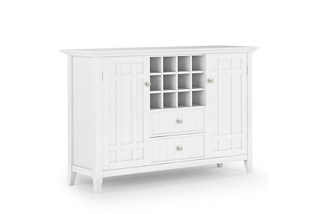 Need help in the dining room? This rustic sideboard buffet and wine rack is up to the job in a casual way. You'll find the moulded tabletop, beaded drawer fronts and sides, cabinets, wine rack and shelves handy for organizing dining essentials and keeping them within reach. It's hand-finished in white, with protective lacquer to accentuate and highlight the grain and uniqueness of each piece. This multi-functional storage cabinet can be used in the living room, family room or dining room.DIMENSIONS: 17" D x 54" W x 36" H | Handcrafted with care using the finest quality solid wood | Hand-finished in White and a protective NC lacquer | Multi-Functional storage cabinet can be used in living room, family room and dining room | Features two (2) central drawers with metal glides, two (2) side doors that open to large storage spaces with two (2) shelves each and a twelve (12) bottle wine storage rack. | Transitional Style includes molded table top, beaded drawer fronts and sides, solid panel doors and Bronze rounded square knobs | Assembly Required | We believe in creating excellent, high quality products made from the finest materials at an affordable price. Every one of our products come with a 1-year warranty and easy returns if you are not satisfied.