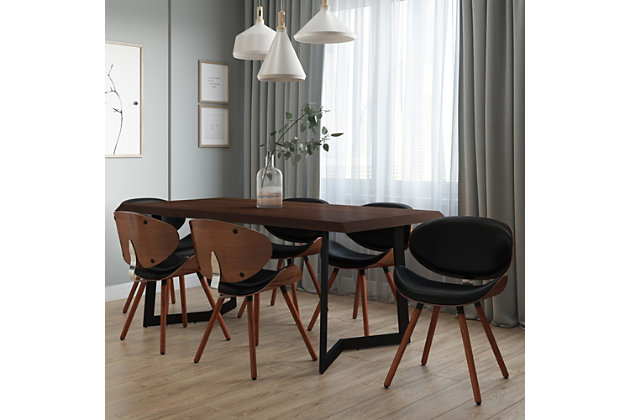 Mid-century modern influences shine through with this dining chair's bentwood seat and back, curved lines and angled legs. Comfort comes easy, too, with its padded seat and back and faux leather upholstery. This chair is sure to refresh any dining space while adding a chic, on-trend style.Made of engineered wood, veneer, metal, faux leather and high-density foam | Padded seat and back with black upholstery | Bentwood frame with walnut veneer | Metal back support bar | Tapered legs | Assembly required