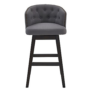 The Armen Living Celine wood barstool is an excellent choice for the transitional or contemporary household. Constructed from a combination of eucalyptus and birch wood frame that is certain to maintain its durability for many years to come. The Celine’s legs feature an Espresso wood finish and the plump, foam padded seat and back of the barstool are upholstered in grey fabric. The back of the Celine is rounded and features tufted accents that add a unique aesthetic accent to the piece. The barstool’s 360 degree swivel function allows for a wide range of movement while seated and the included footrest provides added comfort and support. The Celine’s legs are tipped with floor protectors, assuring that the barstool will not damage floors when moved. The Celine is sold in two industry standard sizes; 26 inch counter and 30 inch bar height. This wood barstool is available in gray or tan fabric.Celine contemporary bar or counter stool in espresso wood finish and grey or tan fabric | 360 degree swivel function allows for enhanced mobility while seated | Tufted back design is aesthetically pleasing and enjoyable | Product dimensions: 21"w x 21.5"d x 35"h sh: 26"