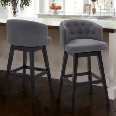 Celine 30" Bar Height Wood Swivel Tufted Barstool in Espresso Finish with Gray Fabric, Gray, large