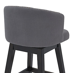 The Armen Living Celine wood barstool is an excellent choice for the transitional or contemporary household. Constructed from a combination of eucalyptus and birch wood frame that is certain to maintain its durability for many years to come. The Celine’s legs feature an Espresso wood finish and the plump, foam padded seat and back of the barstool are upholstered in grey fabric. The back of the Celine is rounded and features tufted accents that add a unique aesthetic accent to the piece. The barstool’s 360 degree swivel function allows for a wide range of movement while seated and the included footrest provides added comfort and support. The Celine’s legs are tipped with floor protectors, assuring that the barstool will not damage floors when moved. The Celine is sold in two industry standard sizes; 26 inch counter and 30 inch bar height. This wood barstool is available in gray or tan fabric.Celine contemporary bar or counter stool in espresso wood finish and grey or tan fabric | 360 degree swivel function allows for enhanced mobility while seated | Tufted back design is aesthetically pleasing and enjoyable | Product dimensions: 21"w x 21.5"d x 39"h sh: 30"
