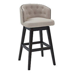 The Armen Living Celine wood barstool is an excellent choice for the transitional or contemporary household. Constructed from a combination of eucalyptus and birch wood frame that is certain to maintain its durability for many years to come. The Celine’s legs feature an Espresso wood finish and the plump, foam padded seat and back of the barstool are upholstered in tan fabric. The back of the Celine is rounded and features tufted accents that add a unique aesthetic accent to the piece. The barstool’s 360 degree swivel function allows for a wide range of movement while seated and the included footrest provides added comfort and support. The Celine’s legs are tipped with floor protectors, assuring that the barstool will not damage floors when moved. The Celine is sold in two industry standard sizes; 26 inch counter and 30 inch bar height. This wood barstool is available in gray or tan fabric.Celine contemporary bar or counter stool in espresso wood finish and grey or tan fabric | 360 degree swivel function allows for enhanced mobility while seated | Tufted back design is aesthetically pleasing and enjoyable | Product dimensions: 21"w x 21.5"d x 35"h sh: 26"