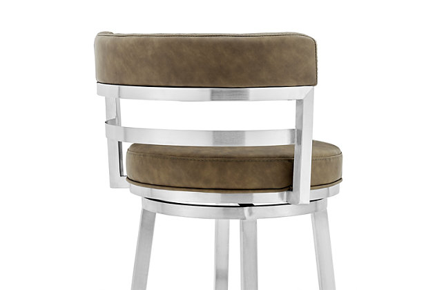 The Armen Living Madrid armless bar stool features a unique aesthetic that is certain to work well in any modern household. The Madrid’s durable brushed stainless-steel frame is accompanied beautifully by its faux leather seat and back. The upholstered low back is rounded, providing the user with exceptional support while the 360 degree swivel seat allows for enhanced mobility. The Madrid’s contemporary straight leg design endows the barstool with a chic quality that is further accented by the inclusion of a round footrest. The Madrid’s legs are tipped with floor protectors, assuring that the bar stool will not slip on or scratch hardwood or tile floors. The beautiful Madrid is available in two industry standard sizes: 26 inch counter and 30 inch bar height and comes with a stainless steel finish and your choice of grey, white, black, red, blue, or green faux leather upholstery.Upgraded fabric - these stools are upholstered in a luxurious faux leather that is soft to the touch and comfortable to sit on for hours on end. Make clean up a breeze and easily wipe away any spills or messes in seconds allowing you more time to enjoy and less time cleaning. | Height variation options - whether you have a kitchen island, a bar table, pub table or peninsula, we've got you covered with any height you desire! Our bar height stools have a comfortable seat height of 30" and our counter height stools hold you at a convenient 26" seat height. | No hassle assembly - look no further for a beautiful, functional and easy to assemble bar or counter stool for your home. These stools require assembly and come with clear and concise step by step instructions that make set up a breeze! | Color preferences - when shopping for furniture, you often find yourself limited on color options when you finally find the right piece for your home. Armen living offers a unique variety of color and finish options that are sure to fit into any existing design theme. These stools are available in white, black, grey, red, blue, or green faux leather upholstery and all feature a beautiful and modern stainless steel finish.