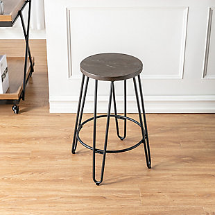The simple, modern style of this backless counter stool makes it perfect for updating your home bar or kitchen counter. Designed with a curved base made of solid steel with hairpin legs, an integrated footrest ring and a gorgeous 24-inch-high wood seat, this piece is sturdy enough to handle daily wear and tear while remaining comfortable, functional and stylish.Made of metal and wood | Sturdy steel frame with black finish | Round wood seat | Wipe with damp cloth | Assembly required