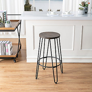 The simple, modern style of this backless bar stool makes it perfect for updating your home bar or kitchen counter. Designed with a curved base made of solid steel with hairpin legs, an integrated footrest ring and a gorgeous 29-inch-high wood seat, this piece is sturdy enough to handle daily wear and tear while remaining comfortable, functional and stylish.Made of metal and wood | Sturdy steel frame with black finish | Round wood seat | Wipe with damp cloth | Assembly required