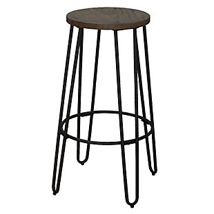 The simple, modern style of this backless bar stool makes it perfect for updating your home bar or kitchen counter. Designed with a curved base made of solid steel with hairpin legs, an integrated footrest ring and a gorgeous 29-inch-high wood seat, this piece is sturdy enough to handle daily wear and tear while remaining comfortable, functional and stylish.Made of metal and wood | Sturdy steel frame with black finish | Round wood seat | Wipe with damp cloth | Assembly required