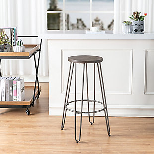 The simple, modern style of this backless bar stool makes it perfect for updating your home bar or kitchen counter. Designed with a curved base made of solid steel with hairpin legs, an integrated footrest ring and a gorgeous 29-inch-high wood seat, this piece is sturdy enough to handle daily wear and tear while remaining comfortable, functional and stylish.Made of metal and wood | Sturdy steel frame with natural metal finish | Round wood seat | Wipe with damp cloth | Assembly required