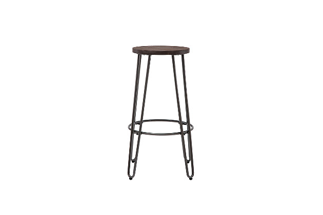 The simple, modern style of this backless bar stool makes it perfect for updating your home bar or kitchen counter. Designed with a curved base made of solid steel with hairpin legs, an integrated footrest ring and a gorgeous 29-inch-high wood seat, this piece is sturdy enough to handle daily wear and tear while remaining comfortable, functional and stylish.Made of metal and wood | Sturdy steel frame with natural metal finish | Round wood seat | Wipe with damp cloth | Assembly required
