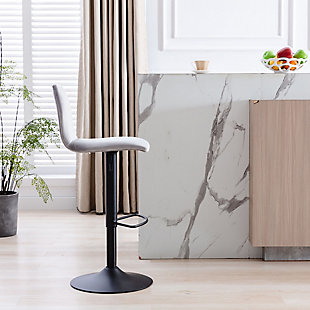 Contemporary style meets functionality with this gas lift counter stool. The stool's metal pedestal base features a curved footrest for optimal comfort with a sleek black powdercoat finish. The seat is upholstered in gray polyester velvet and adjusts between counter and bar height, making it the perfect piece for any kitchen, bar or seating area.Made of metal and fabric | Gray polyester velvet upholstery | Gas lift | Sturdy metal base and curved footrest with black powdercoat finish | Swivel seat | Spot clean | Assembly required