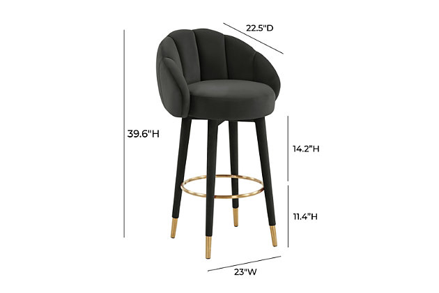 Add some fun femininity to your home bar with the Myla Bar Stool. Its flower-esque silhouette is just the statement you want to complement your modern decor. Available in salmon, gray and black.Handmade by skilled furniture craftsmen | Sumptuous velvet upholstery is available in multiple color options | Sturdy wood frame and plush foam fill provide comfort and durability | 360 swivel | Footrest height: 11.4"