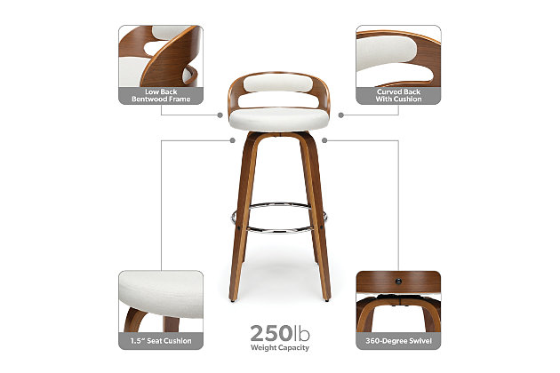 The 161 Collection blends mid century modern and industrial modern styles with current design trends to create timeless pieces that will seamlessly compliment any decor. The OFM 161 Collection Mid Century Modern 30" Low Back Bentwood Frame Swivel Seat Stool with Vinyl Back and Seat Cushion, in Walnut/Beige, provides a retro touch for any of your bar height seating needs. This minimalist stool features a 1.5" thick Beige vinyl seat cushion for extra comfort. The curved bentwood seat back also features a Beige vinyl cushion for plush support. The mid century modern stool has an artful solid wood waterfall leg with Walnut finish and a swivel seat that allows for unrestricted 360-degree movement. A stylish round shaped footrest provides comfort and support. Installation is easy, simply affix the waterfall legs to the chair base. This standing height chair comes with plastic floor protectors, to prevent floor surface scratches. This retro stool can be used in multiple applications including kitchens, cafes, bars and standing height desks. The standard 30" low back bar height chair measures 20" D x 16.5" W x 37.8" H, holds users up to 225 lb and is backed by our OFM 5-Year Limited Warranty.Mid century modern swivel seat stool | Low back bentwood frame with a Walnut finish | Stool features a 1.5" thick Beige fabric seat cushion | Swivel seat allows for full 360-degree movement | Curved seat back with Beige fabric cushion on the inside | OFM 5-Year Limited Warranty