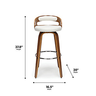 The 161 Collection blends mid century modern and industrial modern styles with current design trends to create timeless pieces that will seamlessly compliment any decor. The OFM 161 Collection Mid Century Modern 30" Low Back Bentwood Frame Swivel Seat Stool with Vinyl Back and Seat Cushion, in Walnut/Beige, provides a retro touch for any of your bar height seating needs. This minimalist stool features a 1.5" thick Beige vinyl seat cushion for extra comfort. The curved bentwood seat back also features a Beige vinyl cushion for plush support. The mid century modern stool has an artful solid wood waterfall leg with Walnut finish and a swivel seat that allows for unrestricted 360-degree movement. A stylish round shaped footrest provides comfort and support. Installation is easy, simply affix the waterfall legs to the chair base. This standing height chair comes with plastic floor protectors, to prevent floor surface scratches. This retro stool can be used in multiple applications including kitchens, cafes, bars and standing height desks. The standard 30" low back bar height chair measures 20" D x 16.5" W x 37.8" H, holds users up to 225 lb and is backed by our OFM 5-Year Limited Warranty.Mid century modern swivel seat stool | Low back bentwood frame with a Walnut finish | Stool features a 1.5" thick Beige fabric seat cushion | Swivel seat allows for full 360-degree movement | Curved seat back with Beige fabric cushion on the inside | OFM 5-Year Limited Warranty