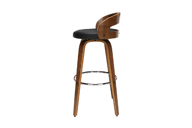 The 161 Collection blends mid century modern and industrial modern styles with current design trends to create timeless pieces that will seamlessly compliment any decor. The OFM 161 Collection Mid Century Modern 30" Low Back Bentwood Frame Swivel Seat Stool with Vinyl Back and Seat Cushion, in Walnut/Black, provides a retro touch for any of your bar height seating needs. This minimalist stool features a 1.5" thick Black vinyl seat cushion for extra comfort. The curved bentwood seat back also features a Black vinyl cushion for plush support. The mid century modern stool has an artful solid wood waterfall leg with Walnut finish and a swivel seat that allows for unrestricted 360-degree movement. A stylish round shaped footrest provides comfort and support. Installation is easy, simply affix the waterfall legs to the chair base. This standing height chair comes with plastic floor protectors, to prevent floor surface scratches. This retro stool can be used in multiple applications including kitchens, cafes, bars and standing height desks. The standard 30" low back bar height chair measures 20" D x 16.5" W x 37.8" H, holds users up to 250 lb and is backed by our OFM 5-Year Limited Warranty.Mid century modern swivel seat stool | Low back bentwood frame with a Walnut finish | Stool features a 1.5" thick Black vinyl seat cushion | Swivel seat allows for full 360-degree movement | Curved seat back with Black vinyl cushion on the inside | OFM 5-Year Limited Warranty
