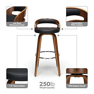 The 161 Collection blends mid century modern and industrial modern styles with current design trends to create timeless pieces that will seamlessly compliment any decor. The OFM 161 Collection Mid Century Modern 30" Low Back Bentwood Frame Swivel Seat Stool with Vinyl Back and Seat Cushion, in Walnut/Black, provides a retro touch for any of your bar height seating needs. This minimalist stool features a 1.5" thick Black vinyl seat cushion for extra comfort. The curved bentwood seat back also features a Black vinyl cushion for plush support. The mid century modern stool has an artful solid wood waterfall leg with Walnut finish and a swivel seat that allows for unrestricted 360-degree movement. A stylish round shaped footrest provides comfort and support. Installation is easy, simply affix the waterfall legs to the chair base. This standing height chair comes with plastic floor protectors, to prevent floor surface scratches. This retro stool can be used in multiple applications including kitchens, cafes, bars and standing height desks. The standard 30" low back bar height chair measures 20" D x 16.5" W x 37.8" H, holds users up to 250 lb and is backed by our OFM 5-Year Limited Warranty.Mid century modern swivel seat stool | Low back bentwood frame with a Walnut finish | Stool features a 1.5" thick Black vinyl seat cushion | Swivel seat allows for full 360-degree movement | Curved seat back with Black vinyl cushion on the inside | OFM 5-Year Limited Warranty
