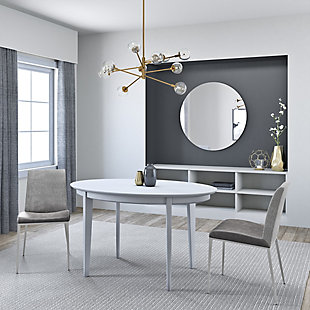 The Atle 54" Oval Dining Table is as classic as it gets with a graceful oval shape and matte finish. A formidable centerpiece that can work on many levels. Pair it with rattan seating for a more rustic look or a clear acrylic style for a modern twist.Painted MDF top | Painted solid beech wood oval legs | Seats 4 | Assembly required | White finish