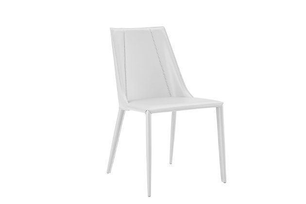 Durable leather covers every inch of this sturdy side chair. Gray, white or cognac, you've just upped your game in look and feel.Regenerated leather seat, back and legs | powdercoat internal steel frame | Fully assembled | Arrives assembled | White finish