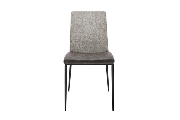 The neutral palette of the Rasmus Side Chair makes it an ideal choice for a variety of different environments. The juxtaposition of the soft leatherette seat and the woven back fabric create a subtle but unique impression. Offered in both dark and light gray with powdercoat steel legs.Soft leatherette over foam seat | Fabric over foam back | Steel legs powdercoat black | Assembly required | Dark gray finish