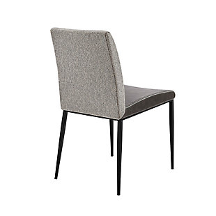 The neutral palette of the Rasmus Side Chair makes it an ideal choice for a variety of different environments. The juxtaposition of the soft leatherette seat and the woven back fabric create a subtle but unique impression. Offered in both dark and light gray with powdercoat steel legs.Soft leatherette over foam seat | Fabric over foam back | Steel legs powdercoat black | Assembly required | Dark gray finish