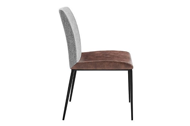 The neutral palette of the Rasmus Side Chair makes it an ideal choice for a variety of different environments. The juxtaposition of the soft leatherette seat and the woven back fabric create a subtle but unique impression. Offered in both dark and light gray with powdercoat steel legs.Soft leatherette over foam seat | Fabric over foam back | Steel legs powdercoat black | Assembly required | Gray finish