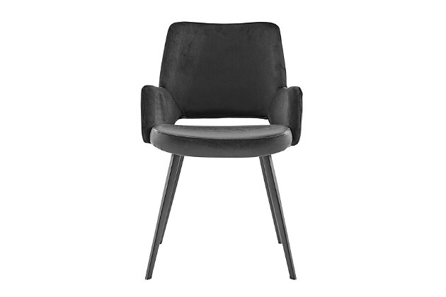 The Desi Collection features a vintage distressed soft leatherette seat paired with durable fabric back and armrests. This armchair rests on a sturdy matte black powdercoat steel base.Mix of leatherette and velvet fabric over foam seat and back | Steel legs powdercoat black | Black finish | Assembly required