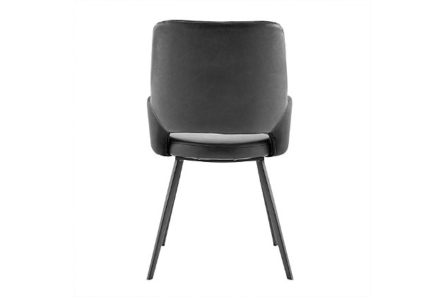 The Desi Collection features a vintage distressed soft leatherette seat paired with durable fabric back and armrests. This armchair rests on a sturdy matte black powdercoat steel base.Mix of leatherette and velvet fabric over foam seat and back | Steel legs powdercoat black | Black finish | Assembly required