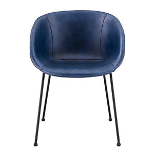 Euro Style Zach Armchair with Dark Blue Leatherette and Matte Black Powder Coated Steel Frame and Legs - Set of 2, Dark Blue, large
