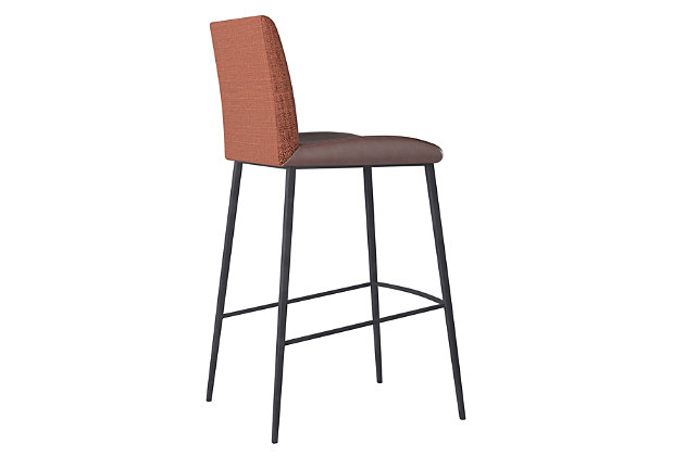 The neutral palette of the Rasmus Bar Stool makes it an ideal choice for a variety of different environments. The juxtaposition of the soft leatherette seat and the woven back fabric create a subtle but unique impression.Soft leatherette over foam seat | Fabric over foam back | Steel legs and footrest powdercoat black | Assembly required | Dark brown finish